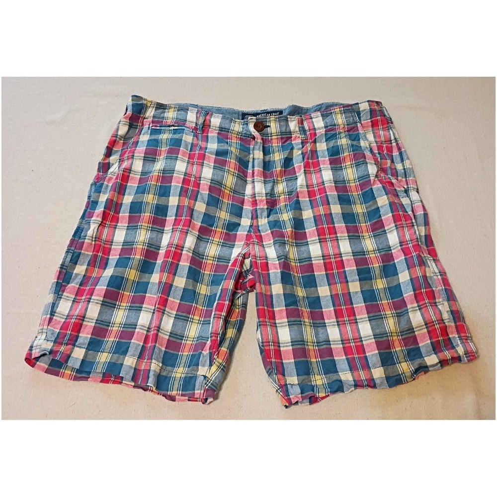 American Eagle Classic Plaid Shorts Mens 38 Red Blue Yellow Cotton Flat Front